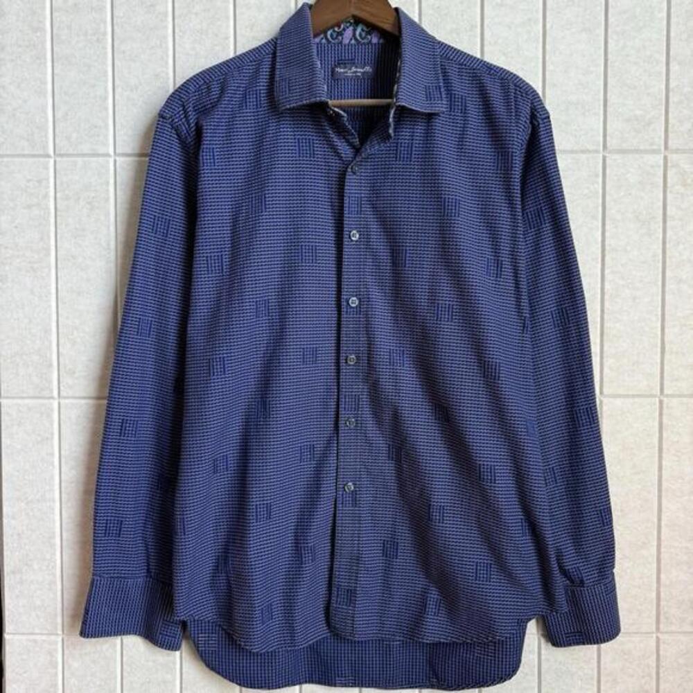Marco Brunelli Blue 100% Cotton Geometric Pattern Button Up Shirt Mens Large‎ L
